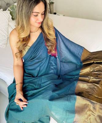 Teal woven design zari  cotton handloom khadi saree 2