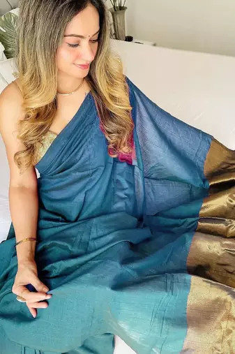 Teal woven design zari  cotton handloom khadi saree