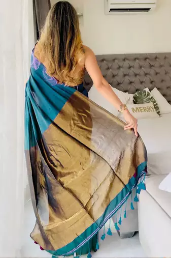 Teal woven design zari  cotton handloom khadi saree