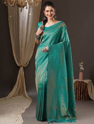 Teal ethnic motifs zari  georgette kanjeevaram saree 1