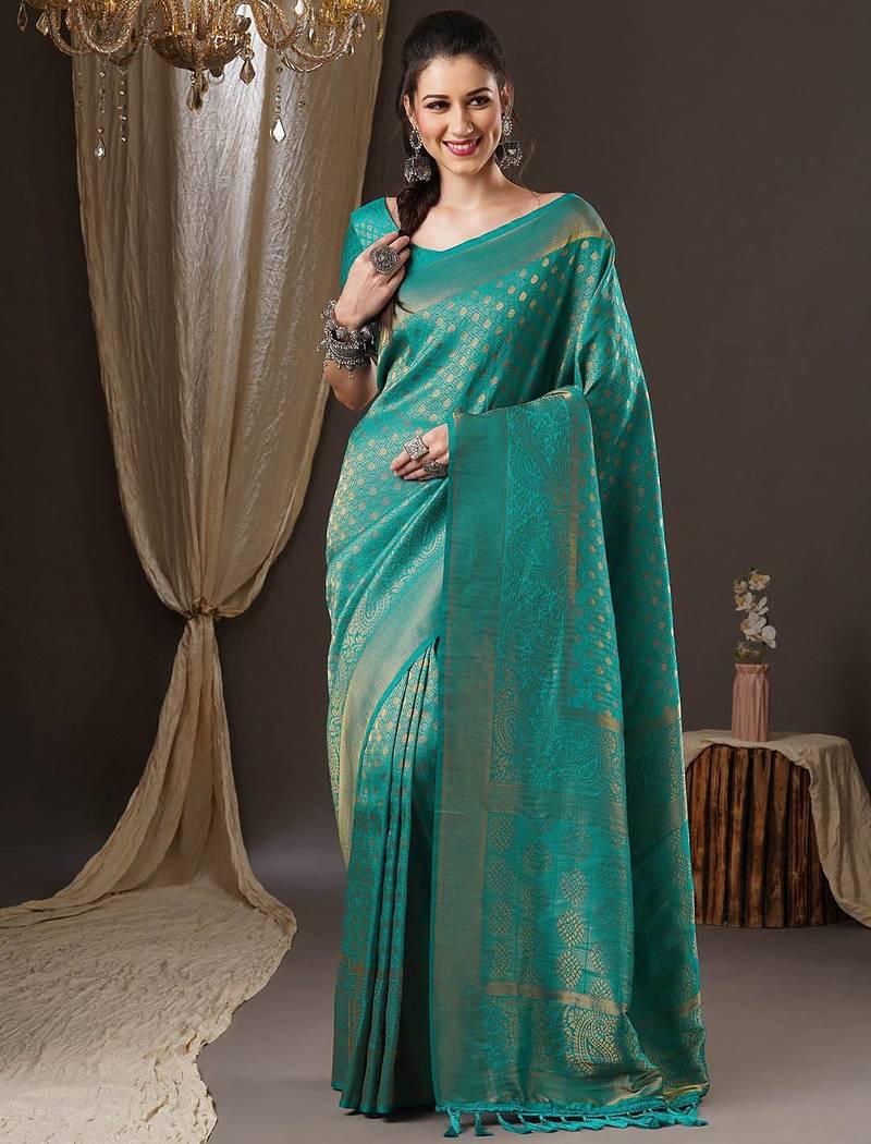 Teal ethnic motifs zari  georgette kanjeevaram saree