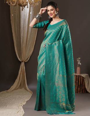 Teal ethnic motifs zari  georgette kanjeevaram saree 2