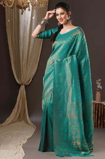 Teal ethnic motifs zari  georgette kanjeevaram saree