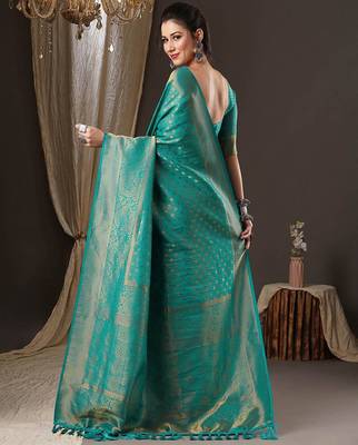 Teal ethnic motifs zari  georgette kanjeevaram saree 3
