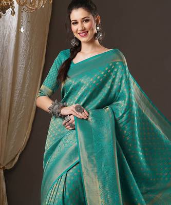 Teal ethnic motifs zari  georgette kanjeevaram saree 4