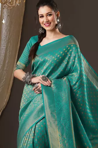 Teal ethnic motifs zari  georgette kanjeevaram saree