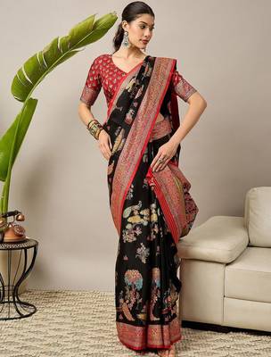 Black ethnic motifs printed zari banarasi saree with matching blouse 1