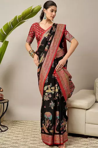 Black ethnic motifs printed zari banarasi saree with matching blouse