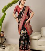 Black ethnic motifs printed zari banarasi saree with matching blouse