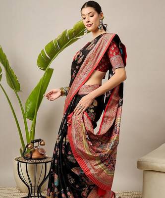 Black ethnic motifs printed zari banarasi saree with matching blouse 2