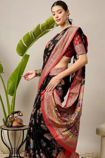 Black ethnic motifs printed zari banarasi saree with matching blouse