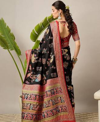 Black ethnic motifs printed zari banarasi saree with matching blouse 3