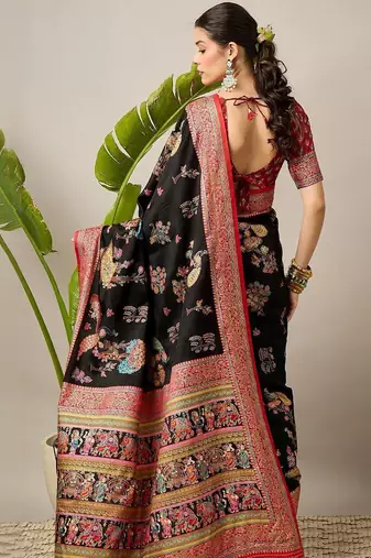Black ethnic motifs printed zari banarasi saree with matching blouse