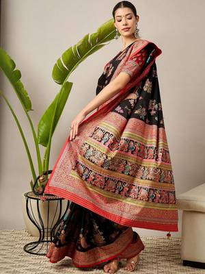Black ethnic motifs printed zari banarasi saree with matching blouse 4