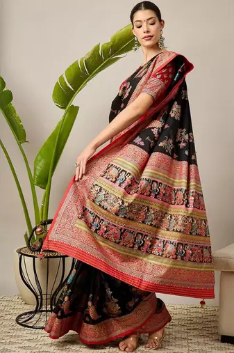 Black ethnic motifs printed zari banarasi saree with matching blouse
