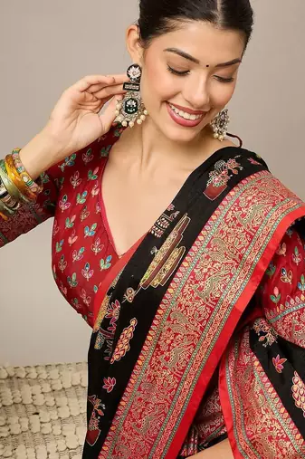 Black ethnic motifs printed zari banarasi saree with matching blouse