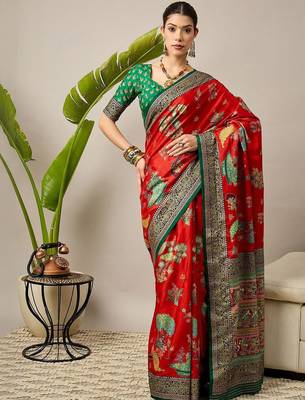 Red ethnic motifs zari silk blend designer banarasi saree 1