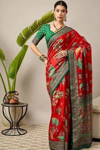 Red ethnic motifs zari silk blend designer banarasi saree
