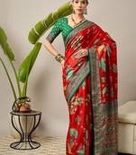 Red ethnic motifs zari silk blend designer banarasi saree