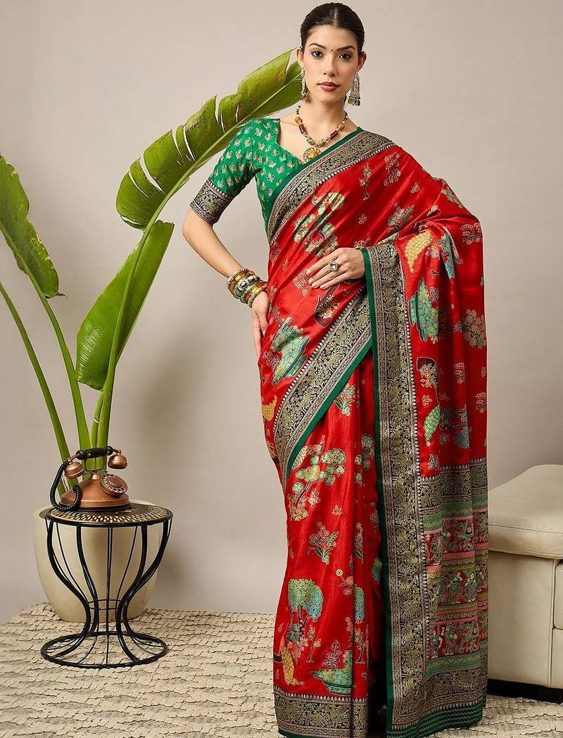 Red ethnic motifs zari silk blend designer banarasi saree