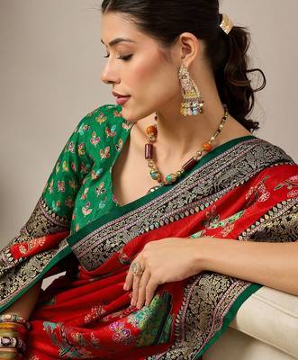 Red ethnic motifs zari silk blend designer banarasi saree 2