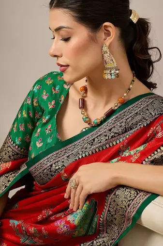 Red ethnic motifs zari silk blend designer banarasi saree