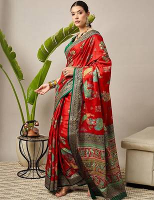 Red ethnic motifs zari silk blend designer banarasi saree 3