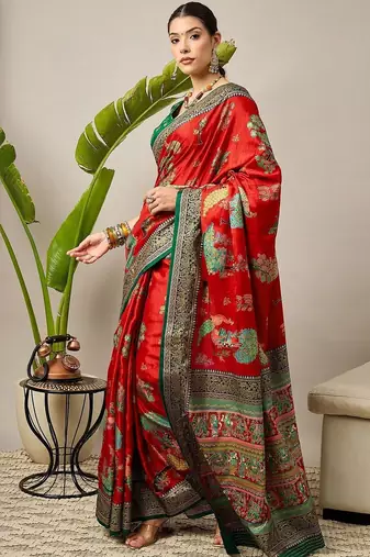Red ethnic motifs zari silk blend designer banarasi saree