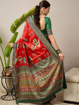 Red ethnic motifs zari silk blend designer banarasi saree 4