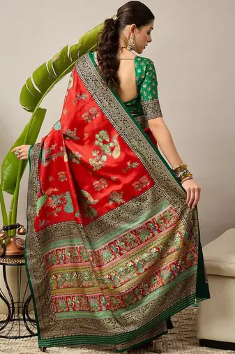 Red ethnic motifs zari silk blend designer banarasi saree