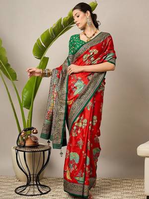 Red ethnic motifs zari silk blend designer banarasi saree 5