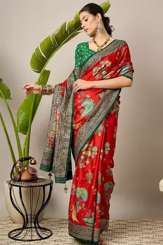Red ethnic motifs zari silk blend designer banarasi saree