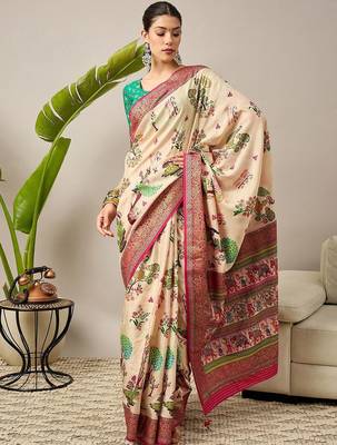 Cream ethnic motifs silk blend banarasi saree 1