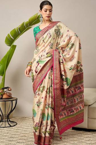 Cream ethnic motifs silk blend banarasi saree