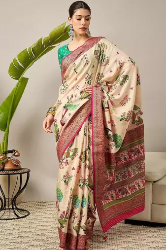 Cream ethnic motifs silk blend banarasi saree