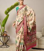 Cream ethnic motifs silk blend banarasi saree
