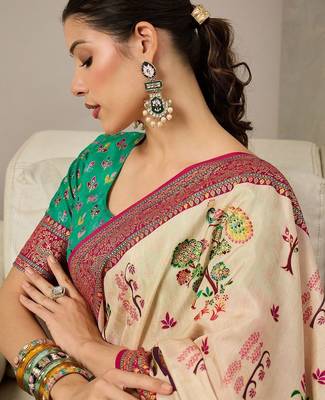 Cream ethnic motifs silk blend banarasi saree 2
