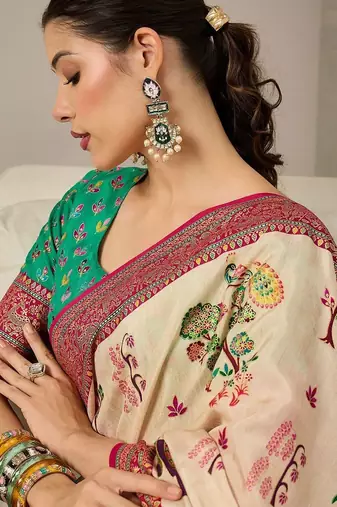 Cream ethnic motifs silk blend banarasi saree