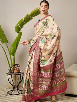 Cream ethnic motifs silk blend banarasi saree 3