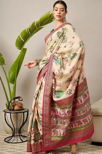 Cream ethnic motifs silk blend banarasi saree