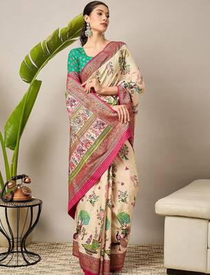 Cream ethnic motifs silk blend banarasi saree 4