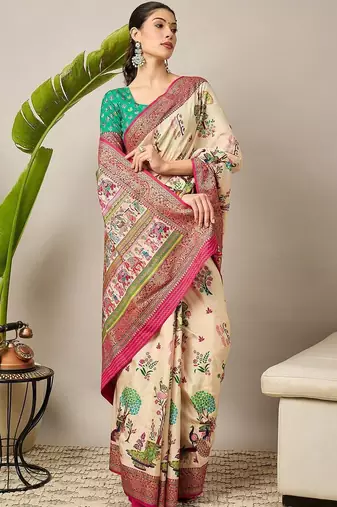 Cream ethnic motifs silk blend banarasi saree