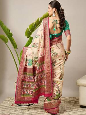 Cream ethnic motifs silk blend banarasi saree 5