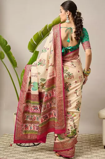 Cream ethnic motifs silk blend banarasi saree