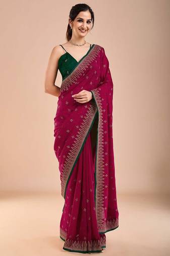 Pink floral embroidered beads and stones saree