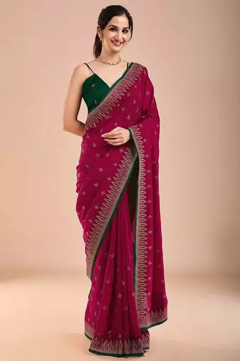 Pink floral embroidered beads and stones saree