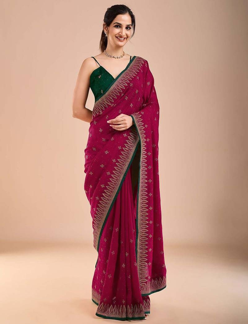 Pink floral embroidered beads and stones saree