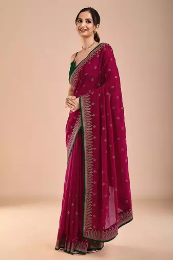 Pink floral embroidered beads and stones saree