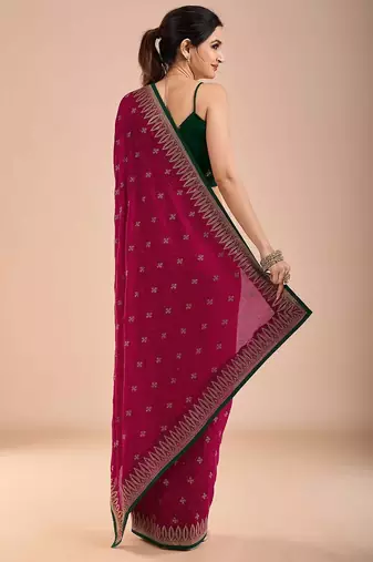 Pink floral embroidered beads and stones saree