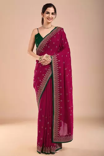 Pink floral embroidered beads and stones saree